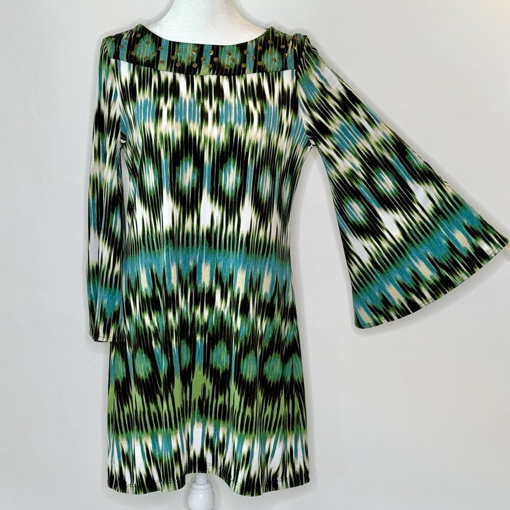 ALFANI Blue Green Mini Dress Women’s S Bell Sleeves Abstract Retro Y2K Tribal